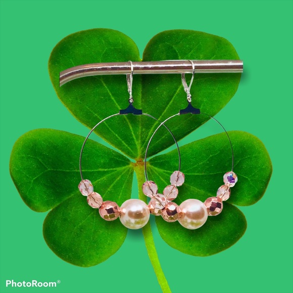 BOUTIQUE Pink and Pearl Beaded Hoop Earrings, Large Dangles, Czech Glass Beaded - Picture 3 of 7